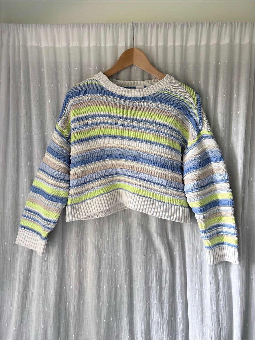 GAP Pastel Striped Cropped Crewneck Sweater - White, Blue & Lime